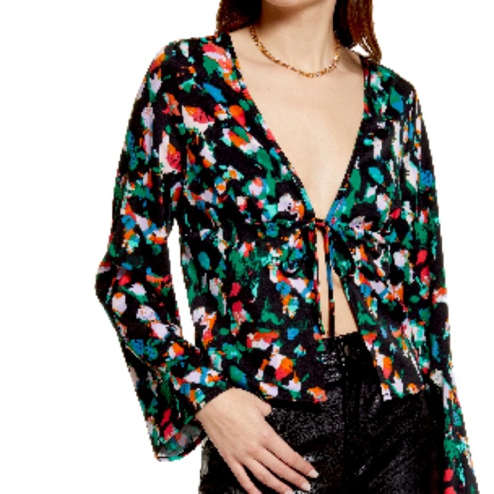 Open Edit Tie Front Bell Sleeve Top